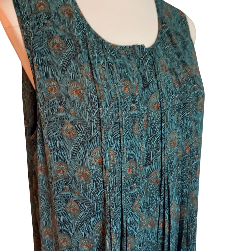 DR2 Womens Peacock Feather Print Sleeveless Pleated Shift Dress Teal‎ Blue L - Picture 5 of 9